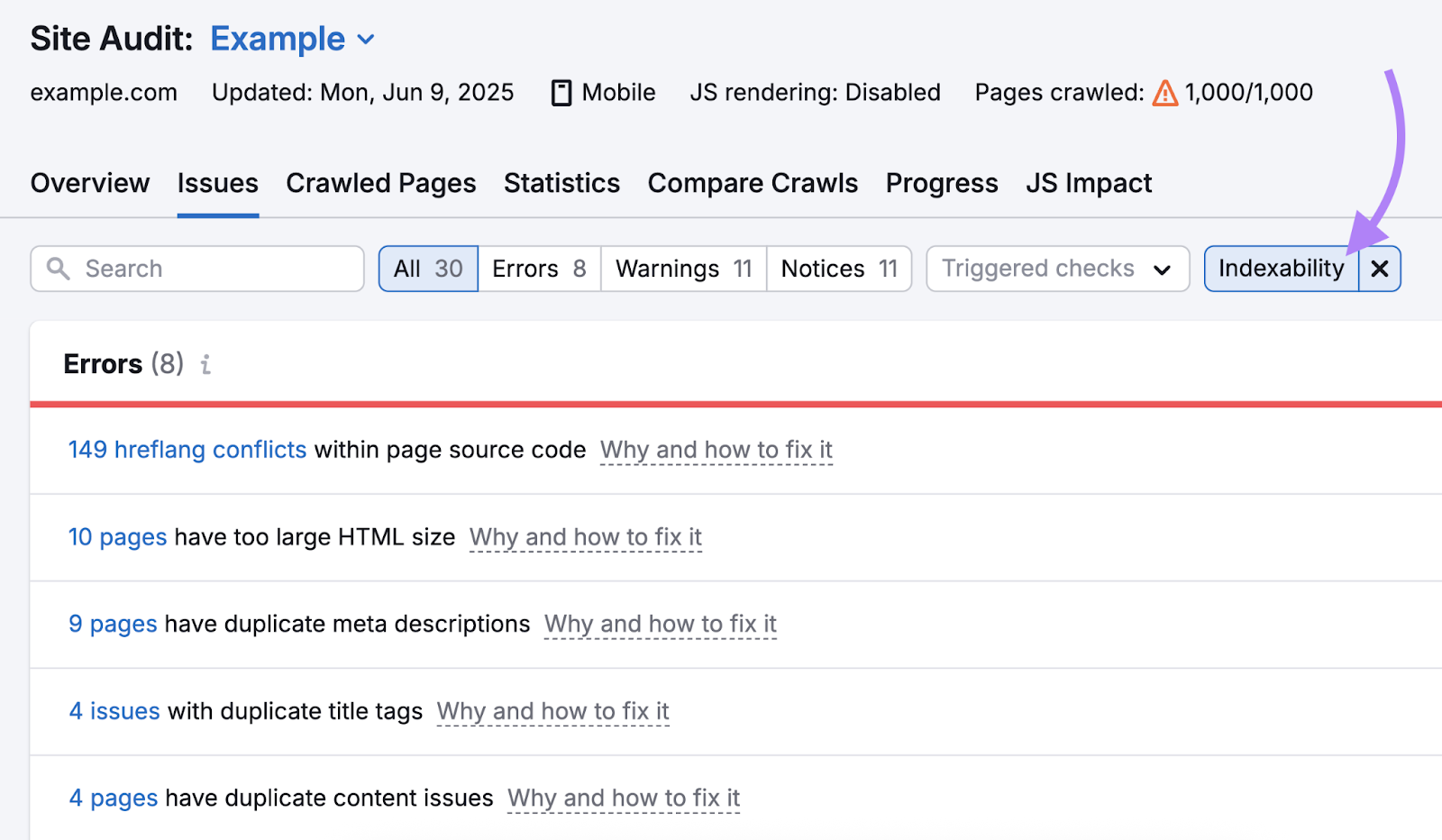 Technical SEO problems include hreflang conflicts, too large HTML size, duplicates, and more.