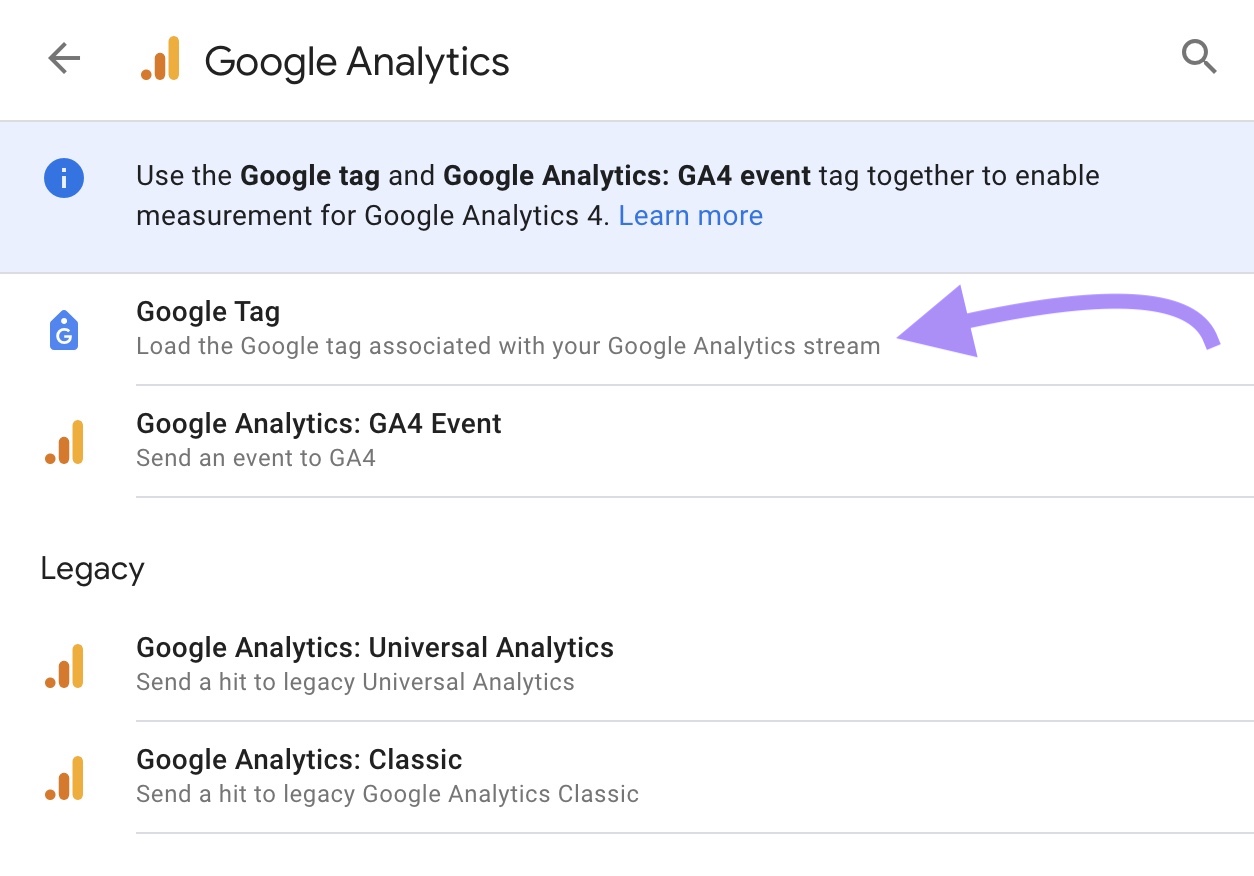 "Google Tag" option selected