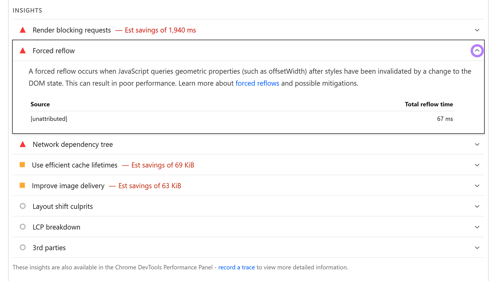 Insights panel highlighting "Forced reflow" warning with performance details.