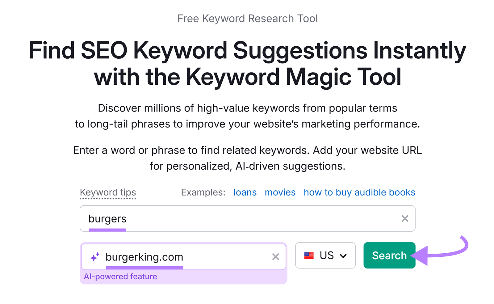 Semrush Keyword Magic Tool with “burgers” and “burgerking.com” entered, US flag, and green “Search” button with purple arrow