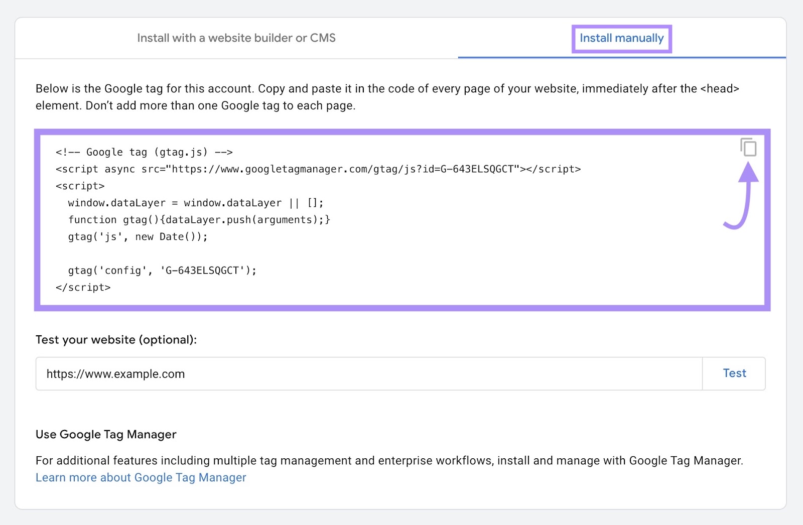 JavaScript code snippet in the “Install Manually” tab