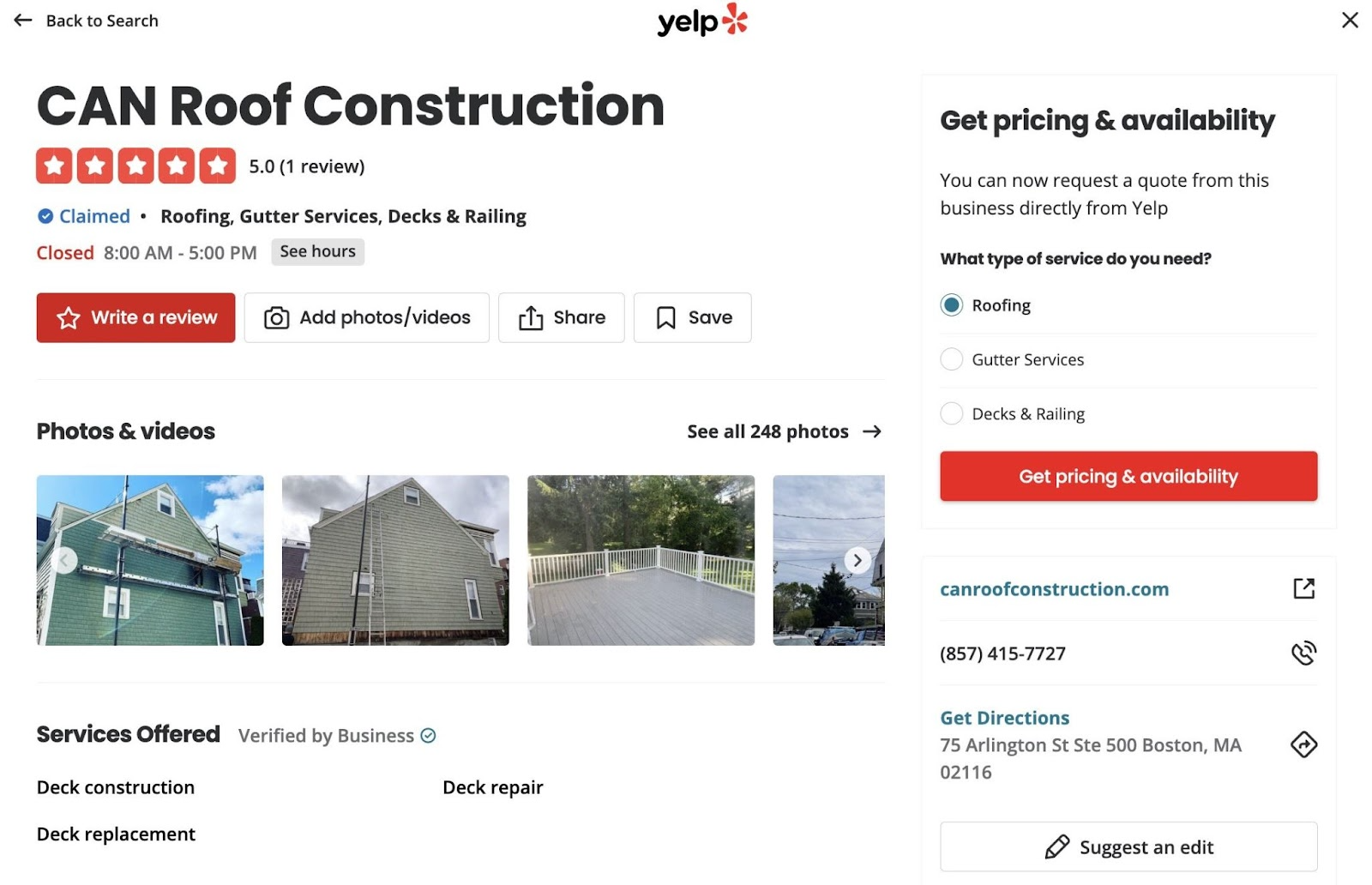 The Yelp profile of a local business showing their website, phone number, reviews and rating, services offered, etc.