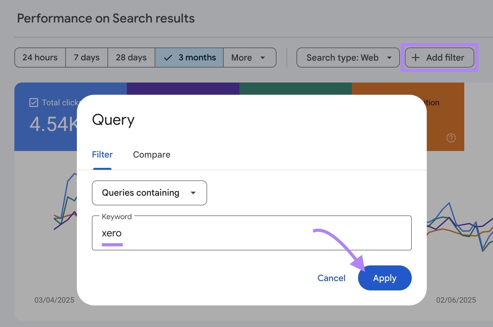 Applying the "Query" filter on GSC to only show queries containing the inputted keyword.