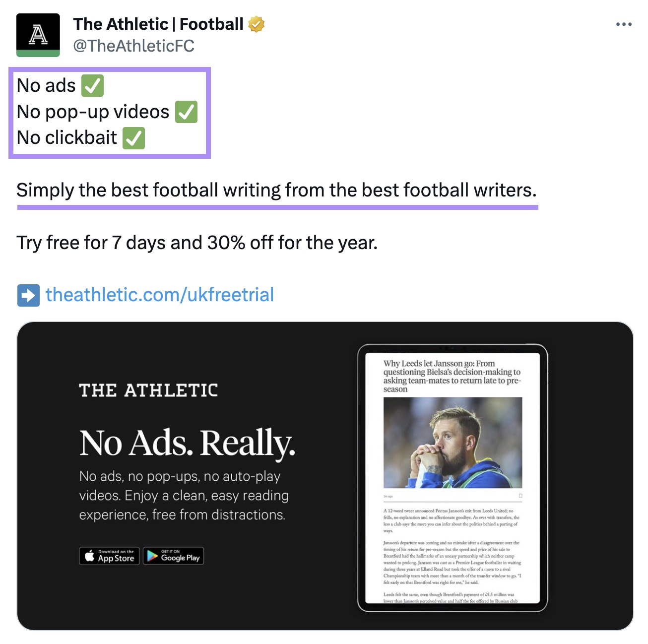 The Athletic's "No ads, no pop-up videos, no clickbait" “Simply the best football writing from the best football writers” copy