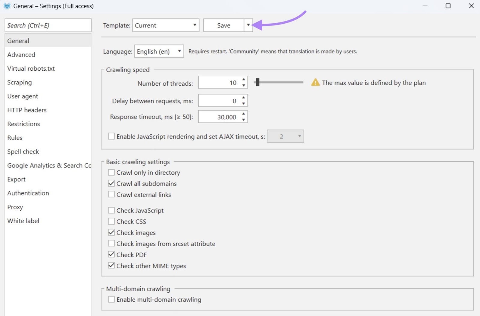 Saving settings as templates on Netspeak Spider.