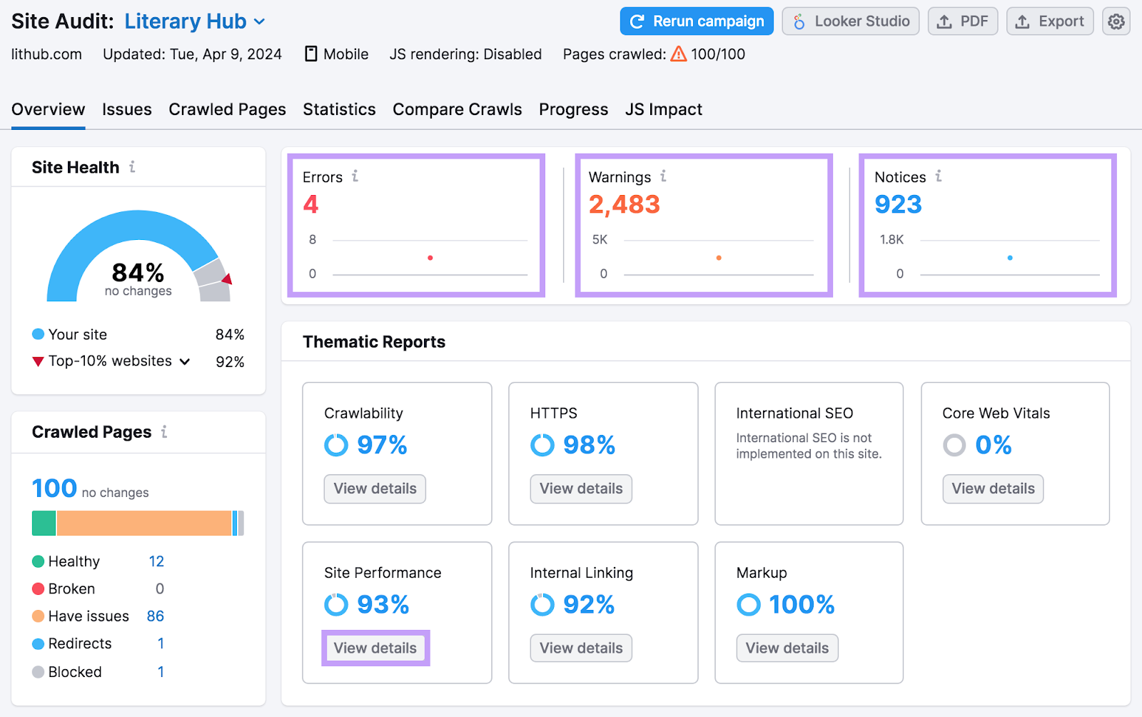 Site Audit's overview dashboard, with "Errors," "Warnings," and "Notices" highlighted