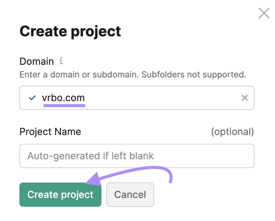 "vrbo.com" domain entered under the "Create Project" window in Link Building Tool