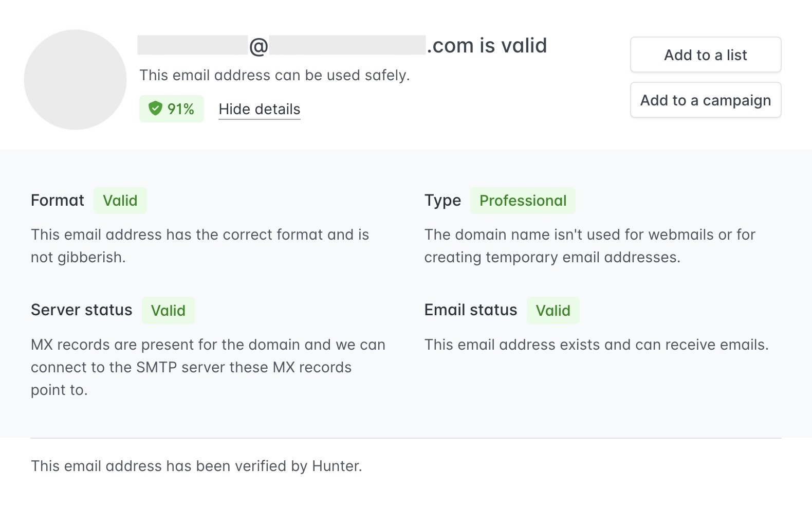 A verified email on Hunter showing that it is a professional email and that the format, server status, etc. are valid.