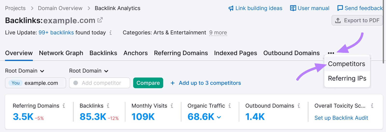 click on “Competitors” in the upper right corner in Backlinks tool