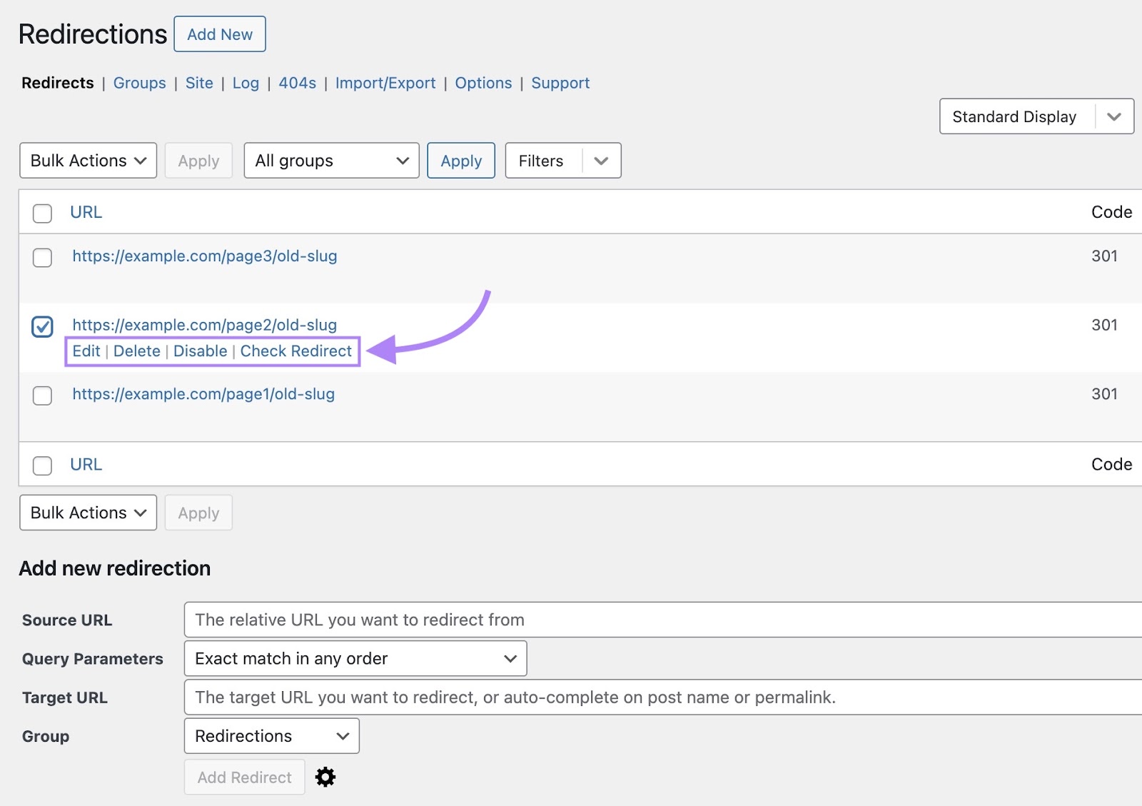 The "Redirection" plugin dashboard on WordPress with options to edit, delete, or disable rules causing redirect loops.