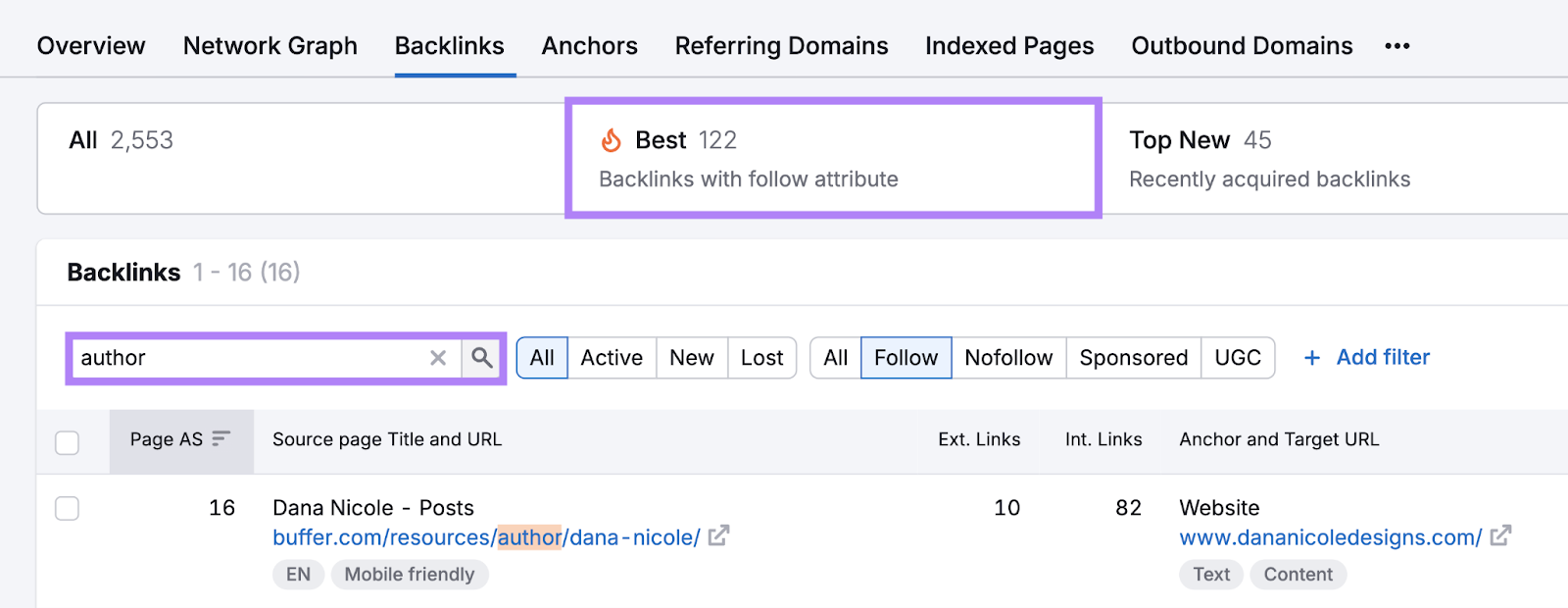 Search for "author" in the backlinks tool shows source page title and URL for each instance as well as anchor text and target URL.