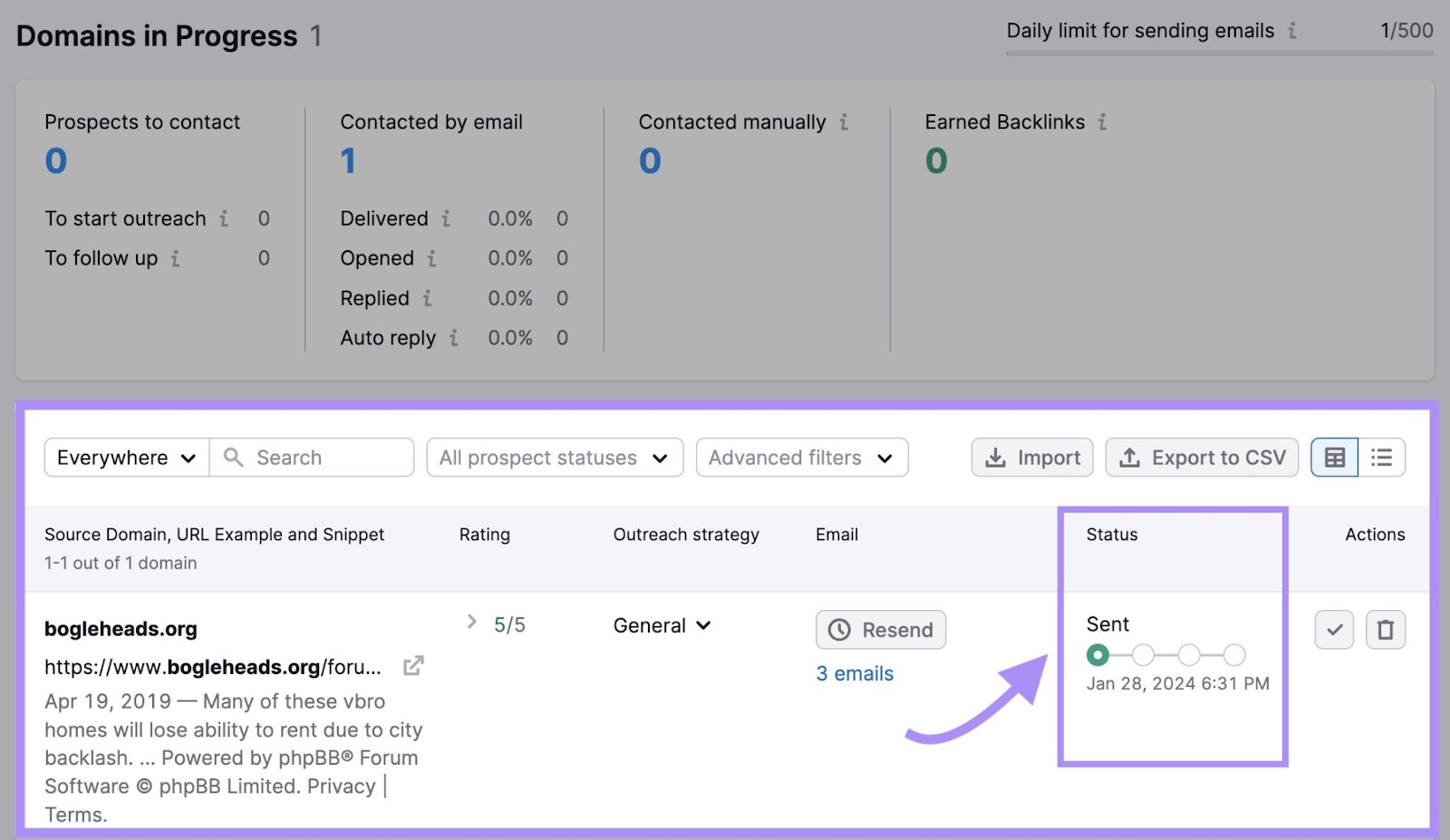 Email's "Status" column showing that the email has been successfully sent