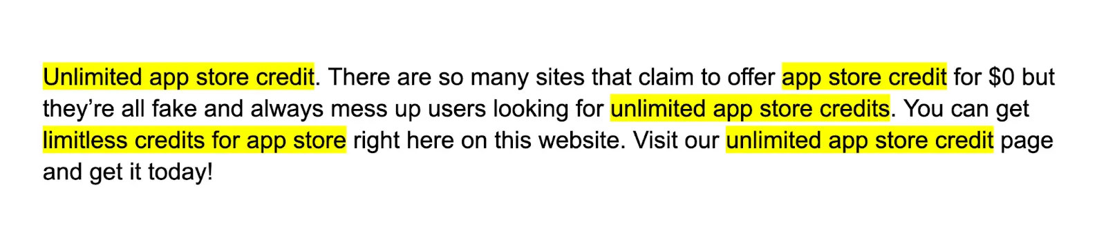 Keyword stuffing on a piece of text with the target keyword inserted unnaturally multiple times.