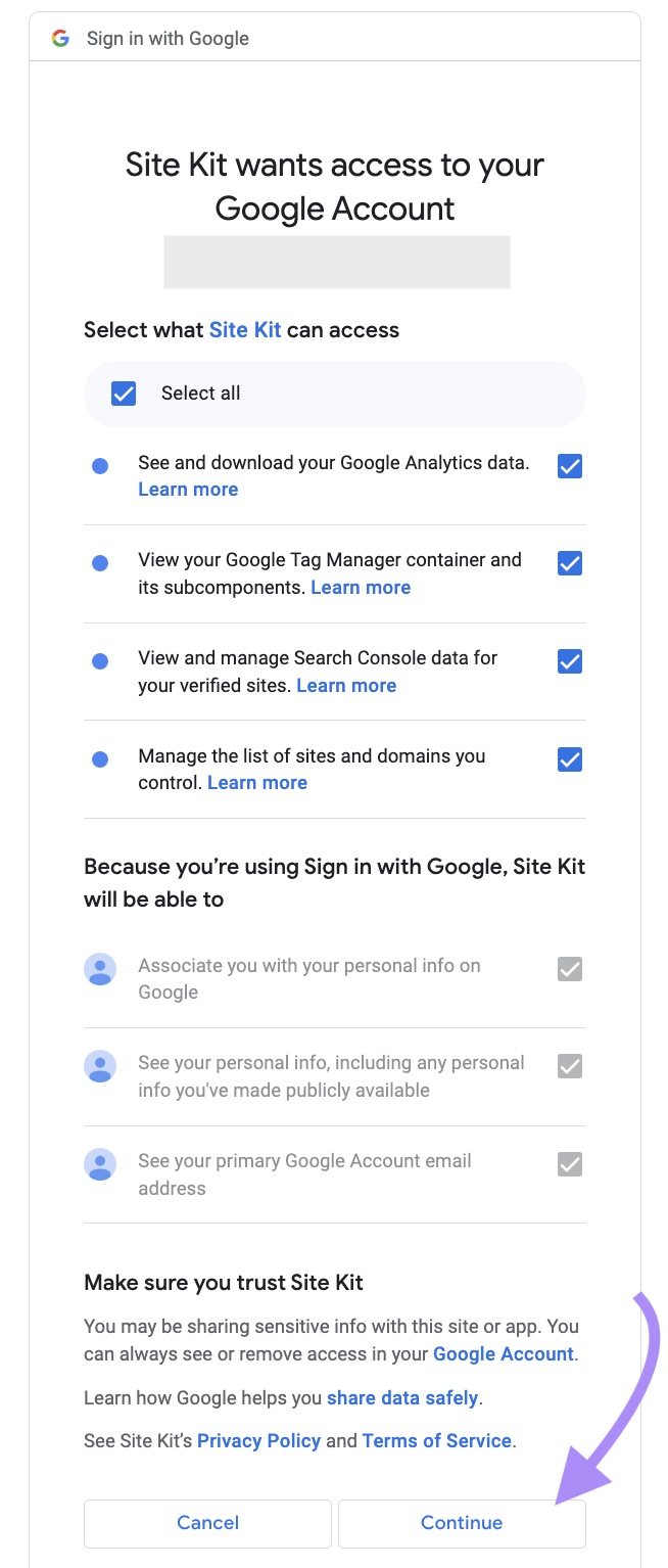 Choose what data Site Kit can access