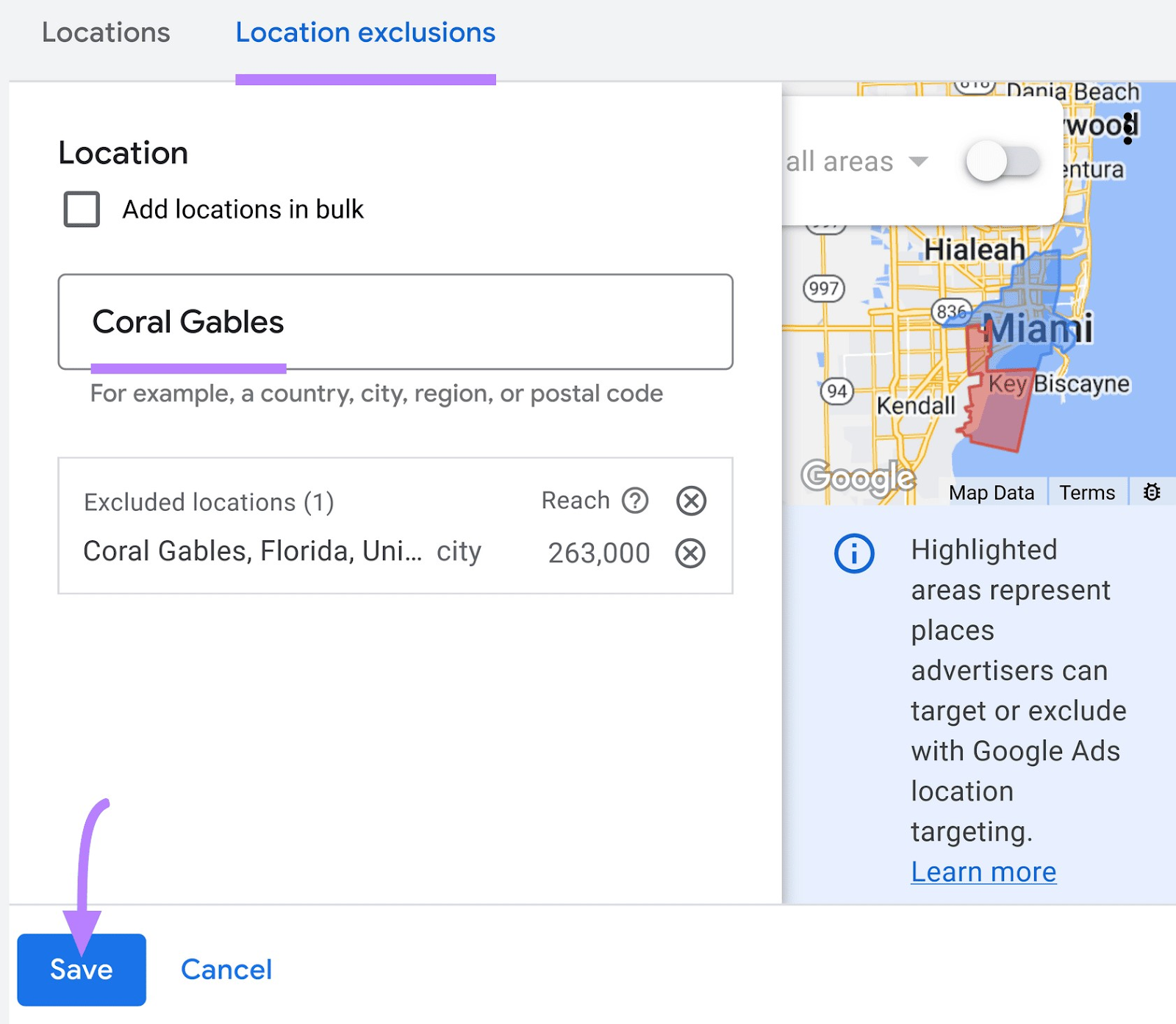 "Coral Gables" entered under the Location exclusions tab