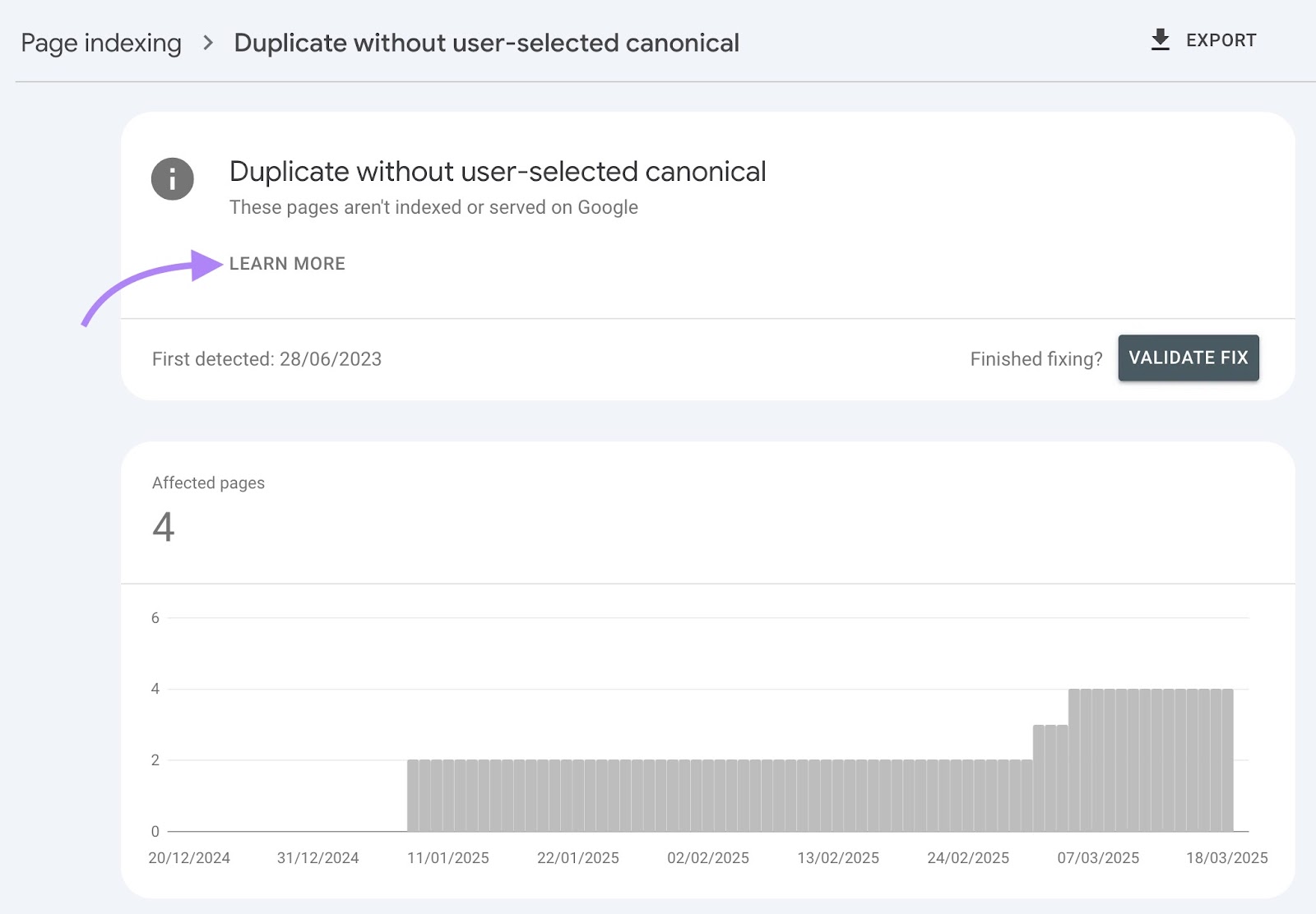 A list of URLs not indexed due to duplication on Google Search Console with the "Learn More" button highlighted.