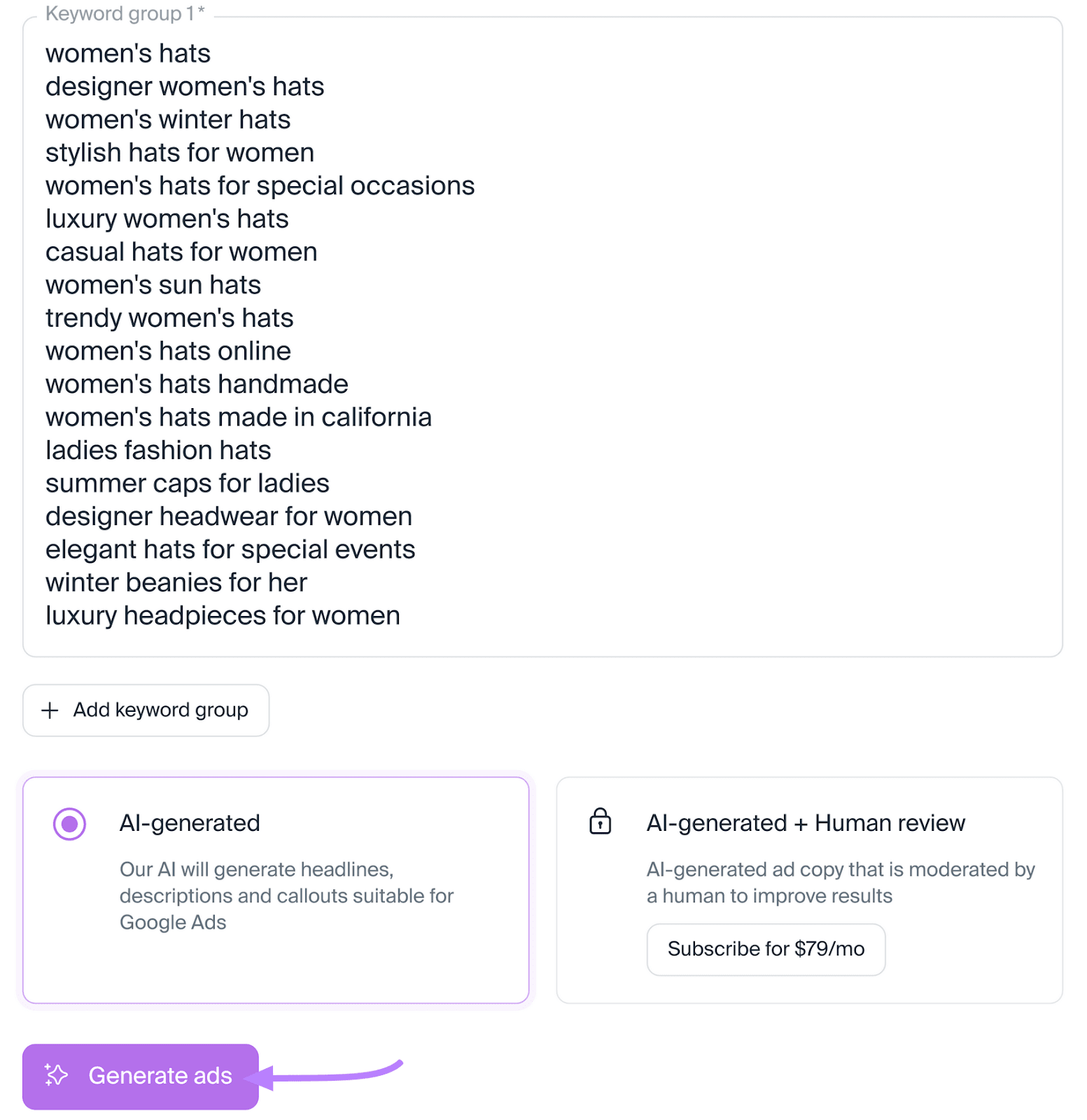 Keywords like women's hards, designer women's hards, women's winter hats, etc. entered into the AI Ad Copy Generator