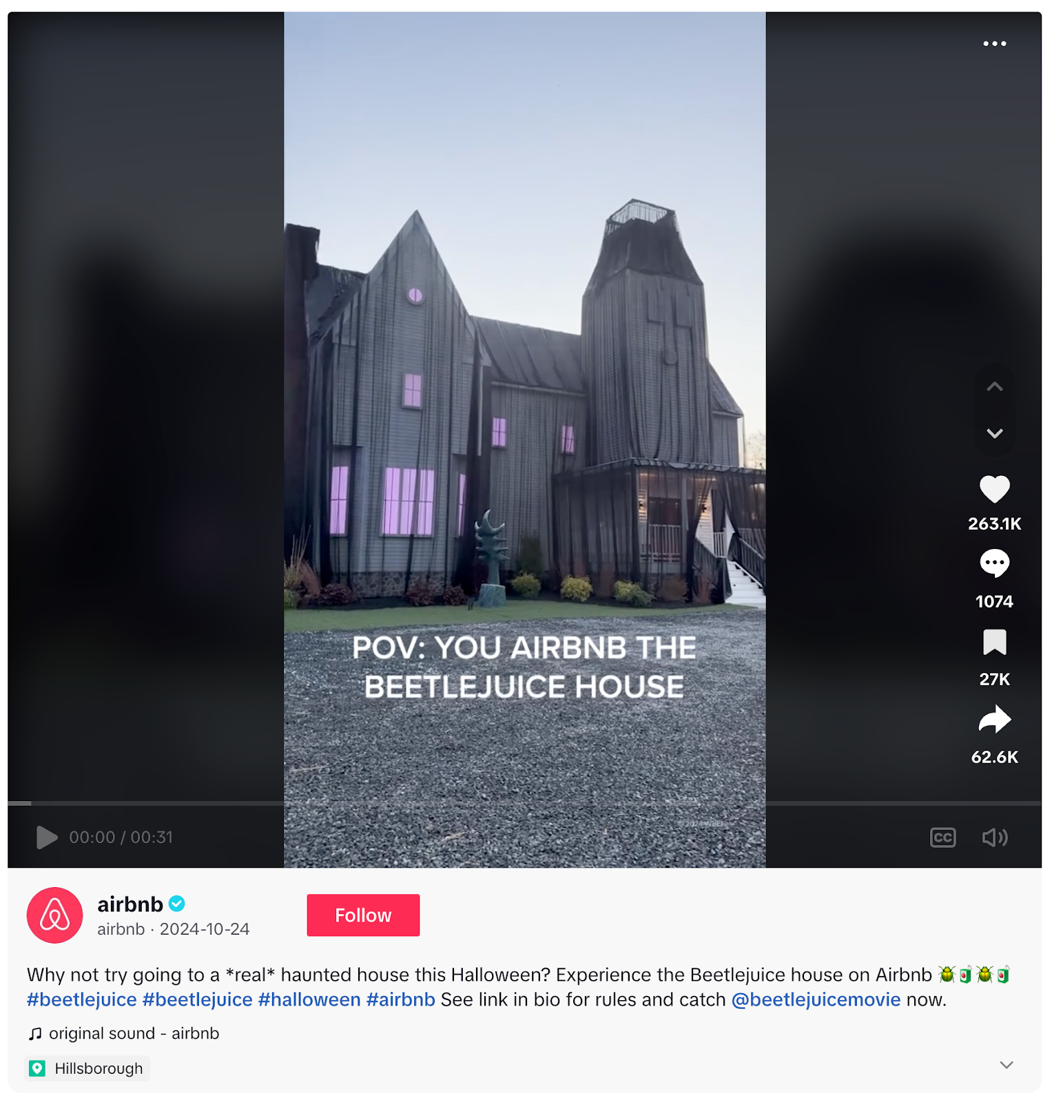 Airbnb features the Beetlejuice house in a TikTok as part of the social media campaign.