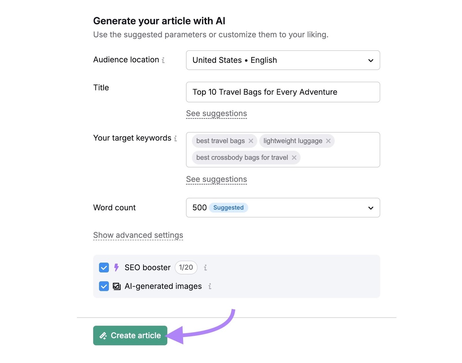 "Create article" window on AI Article Generator with options to modify the title, target keywords, word count, etc.