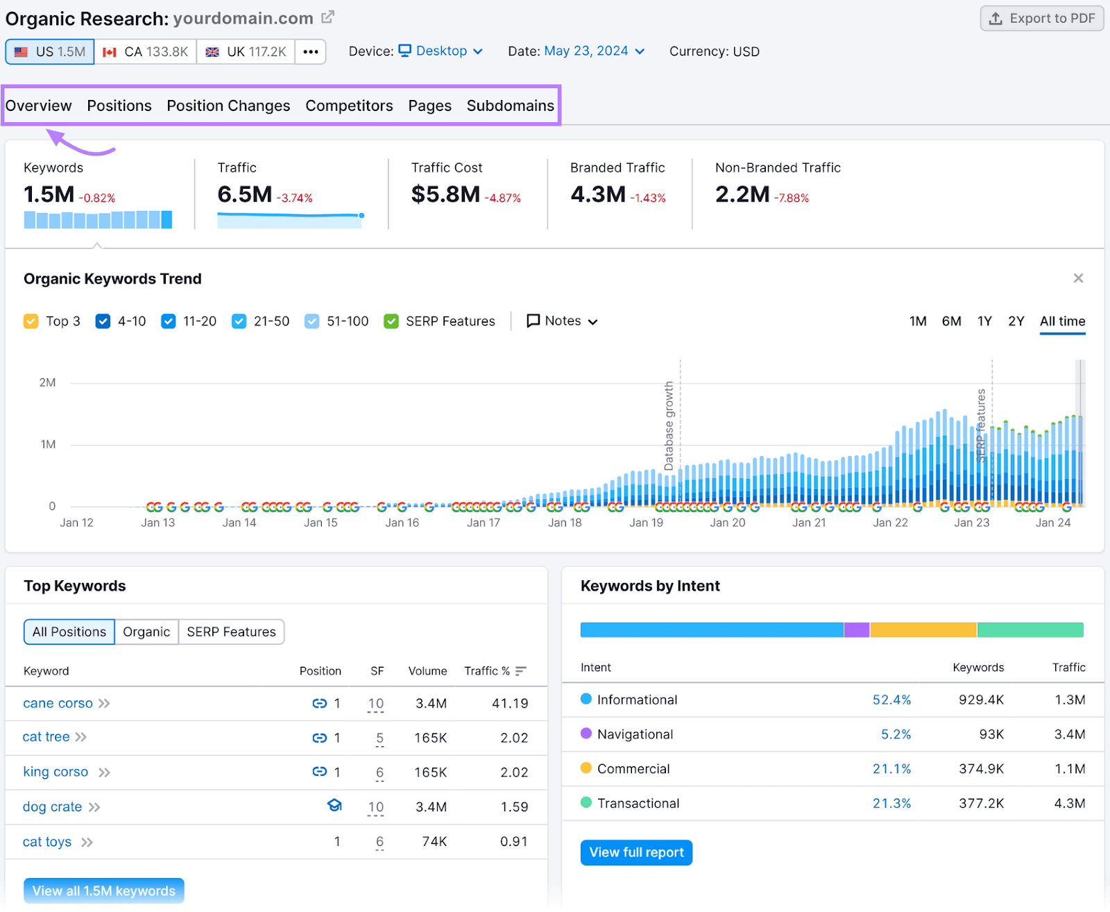 Overview dashboard of Organic Rankings tool showing keywords and traffic data with trending graphs and top keyword listings.