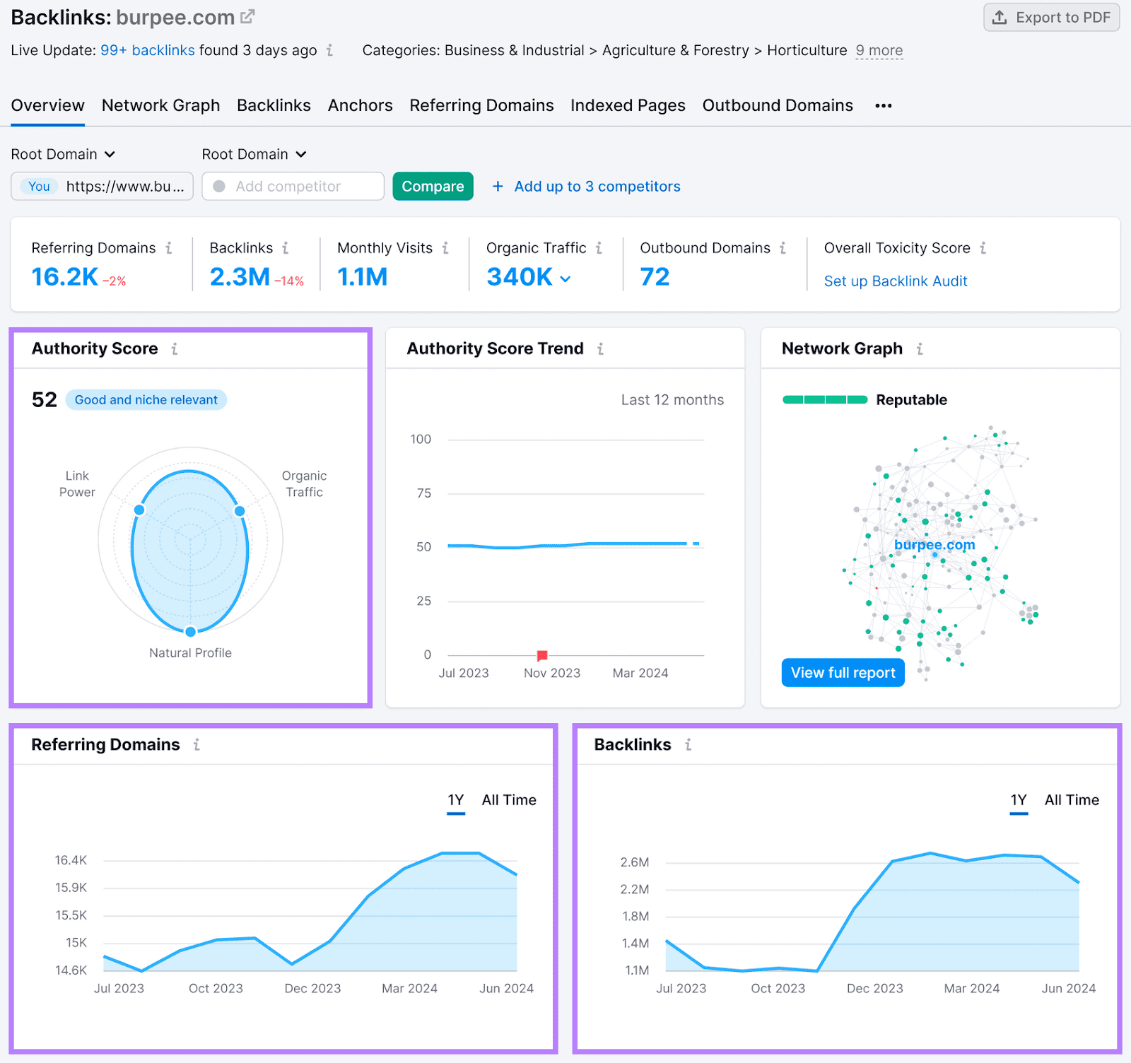 Semrush Backlinks "Overview" tab showing various metrics and trends in a panel format