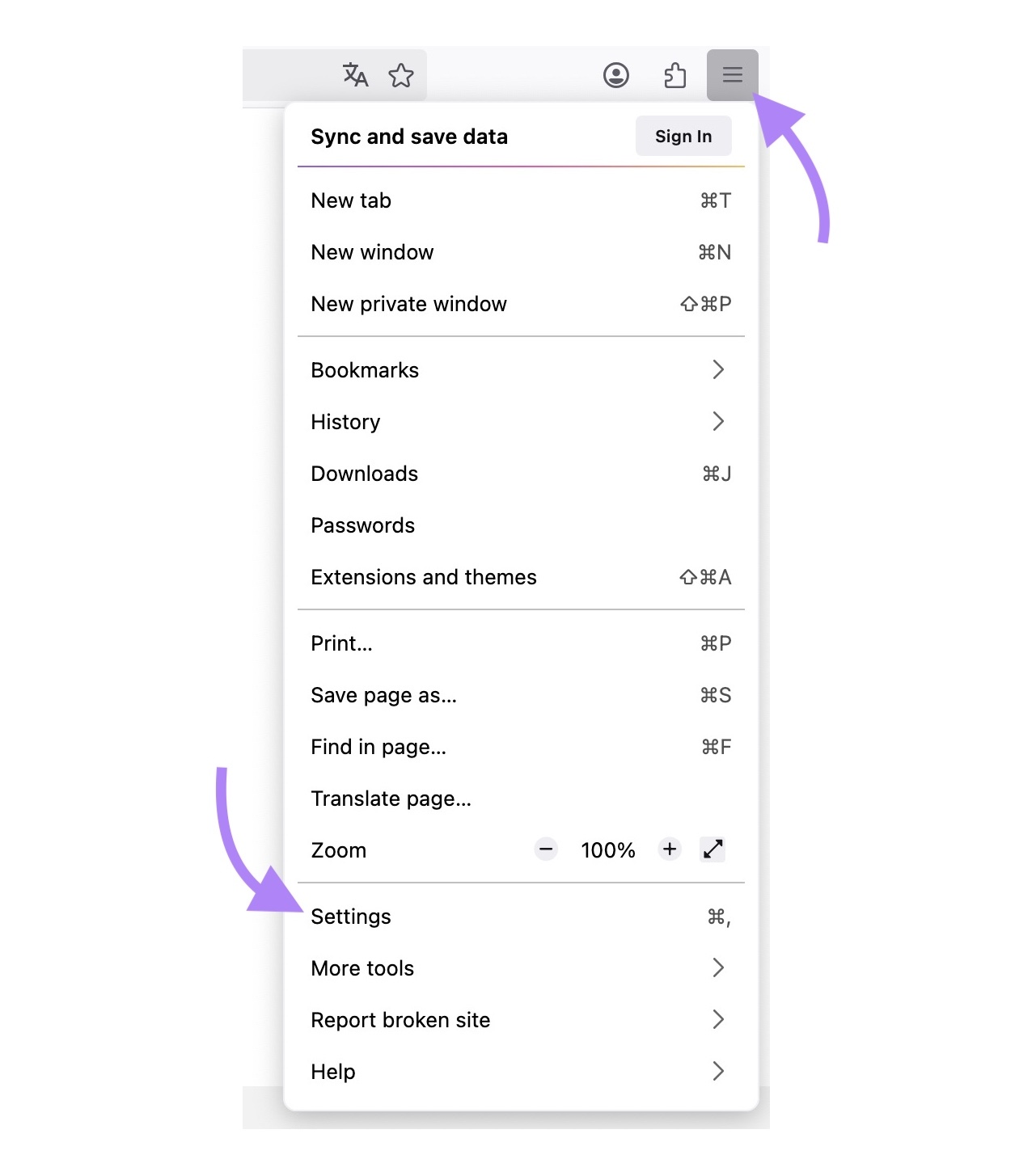 The three lines icon clicked in the top right corner of the Firefox browser and "Settings" selected from the list.