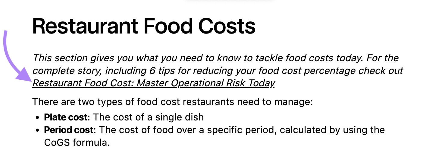 An internal link to a more in-depth resource about restaurant food costs on a pillar page by 7Shifts.