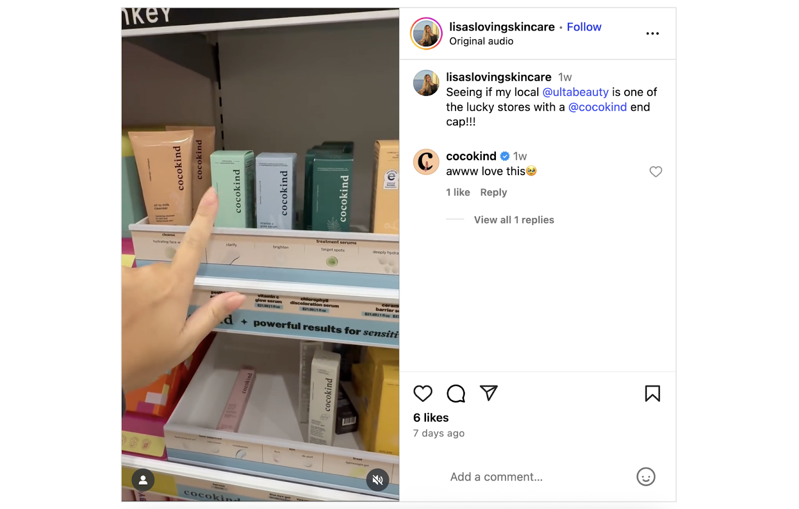 A user created a Reel pointing out the brand as they saw them in store and tagged the brand in their post.