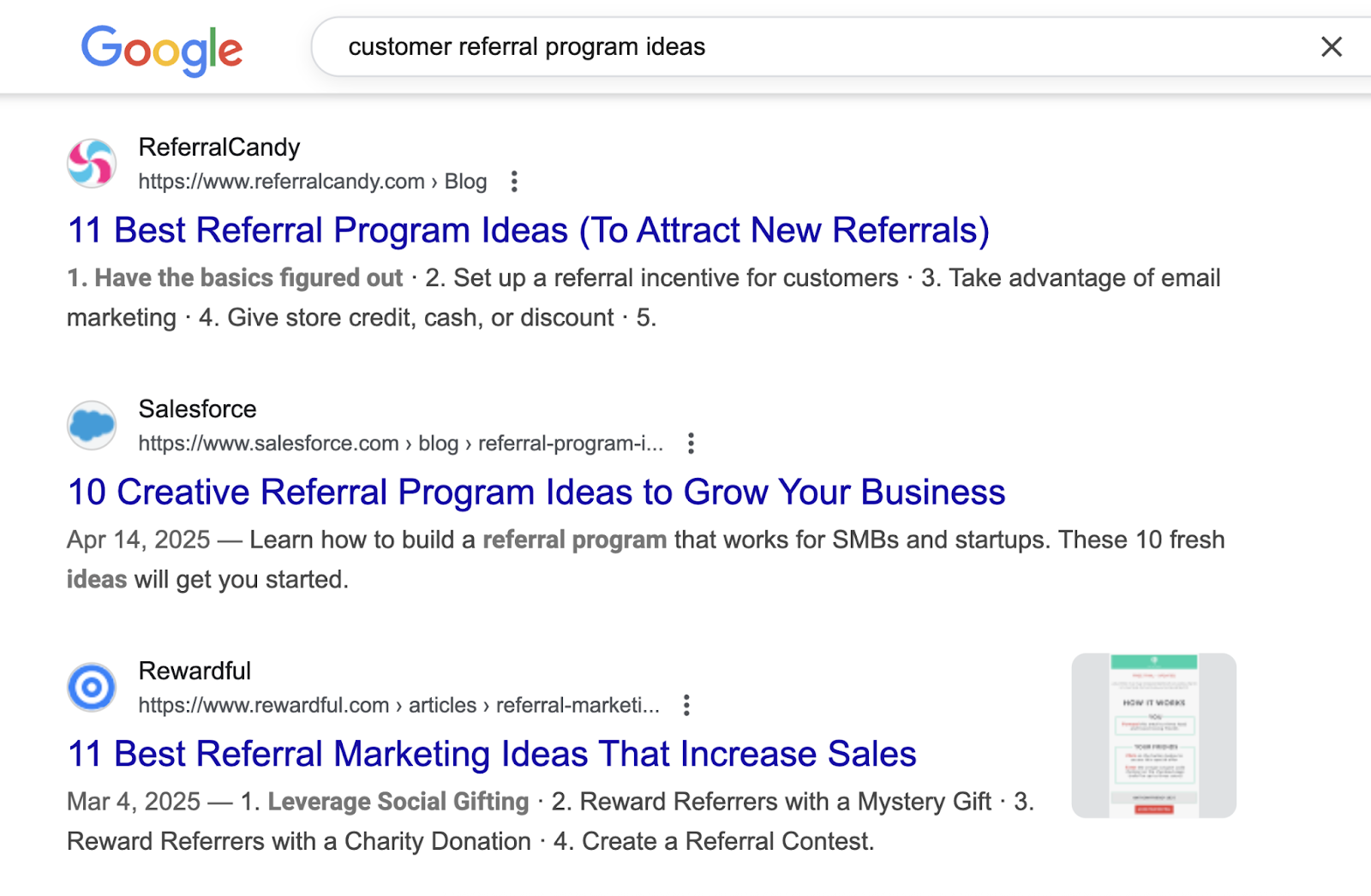 The Google SERP for the keyword shows blog posts with lists of ideas.