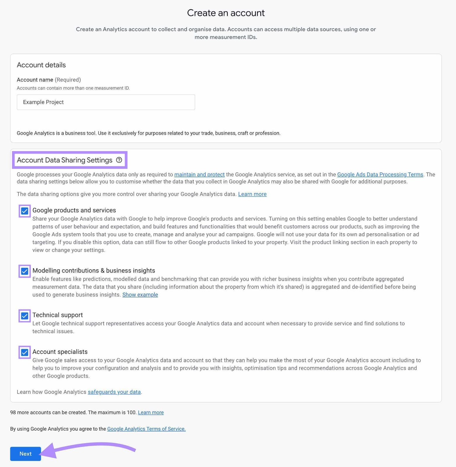 “Account Data Sharing Settings” section highlighted
