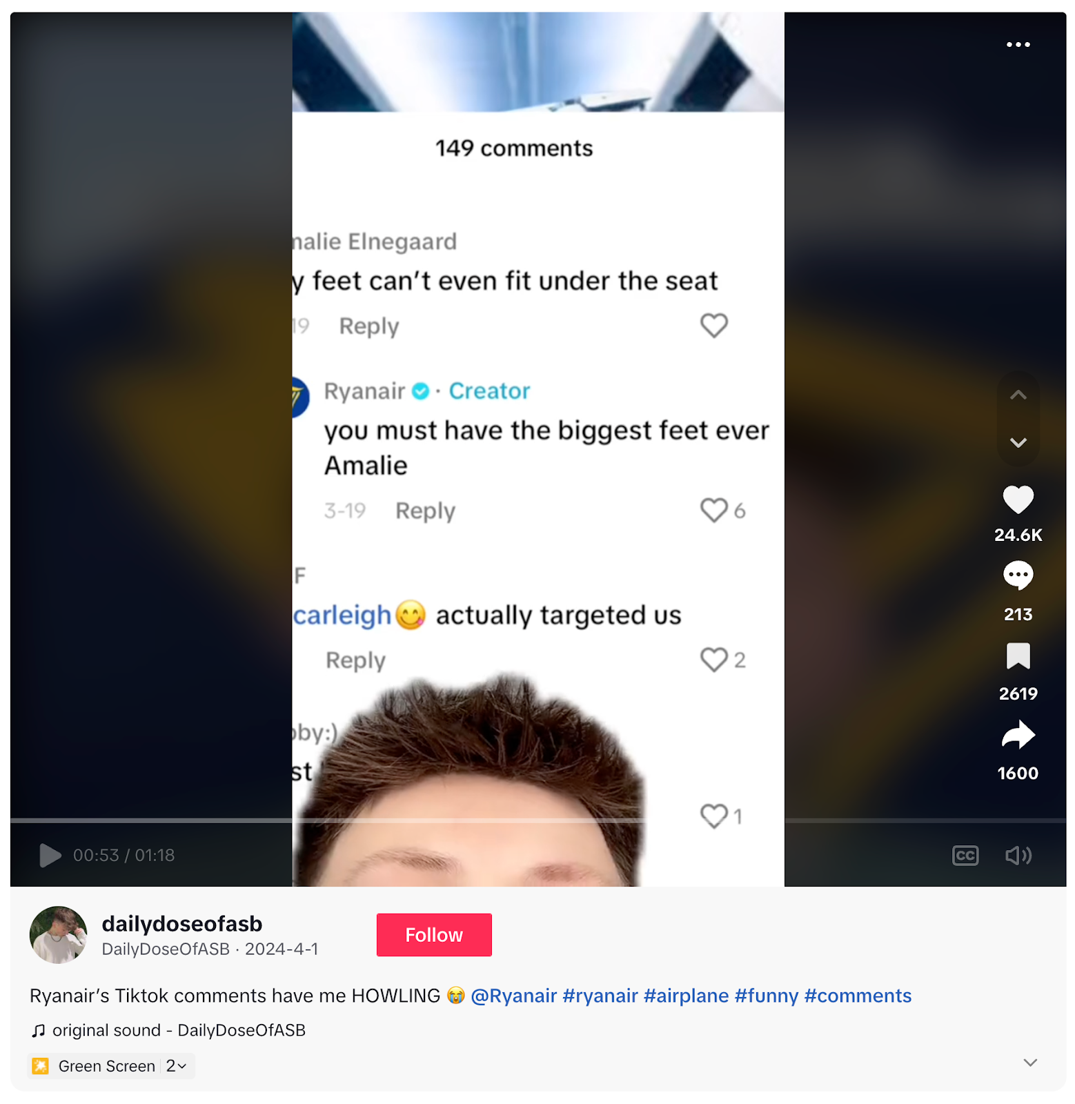 Ryanair's responses to user comments are highlighted in a content creator's roundup video.