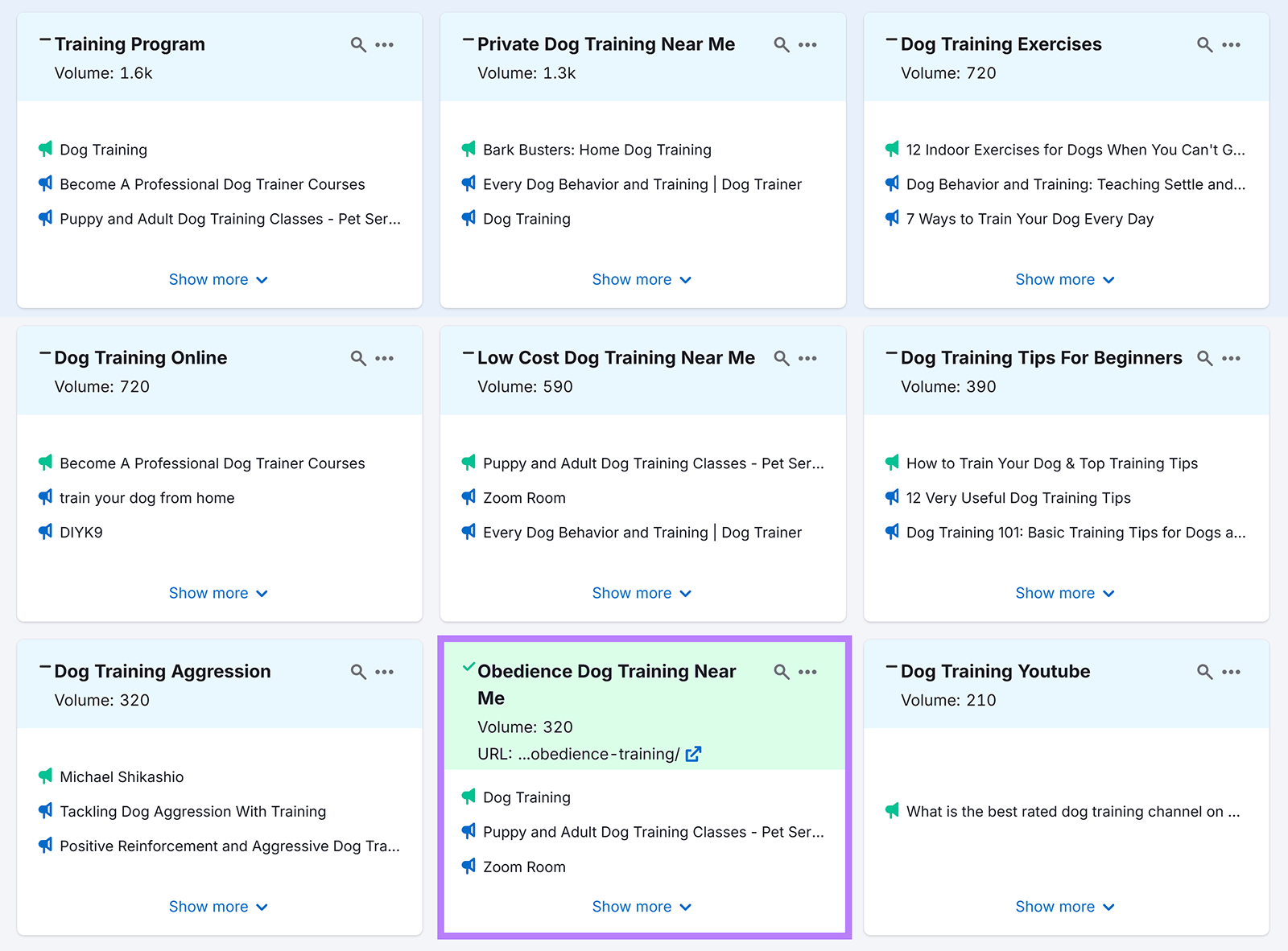 Topic Research cards showing dog training subtopics with search volumes.