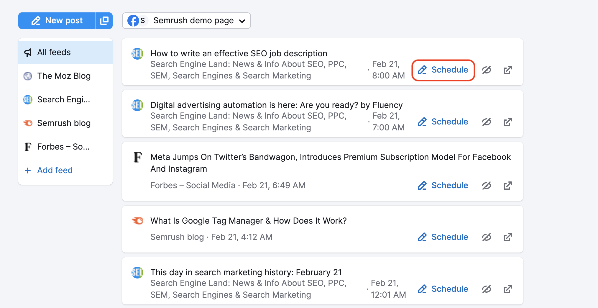The Schedule button is highlighted on the article card.