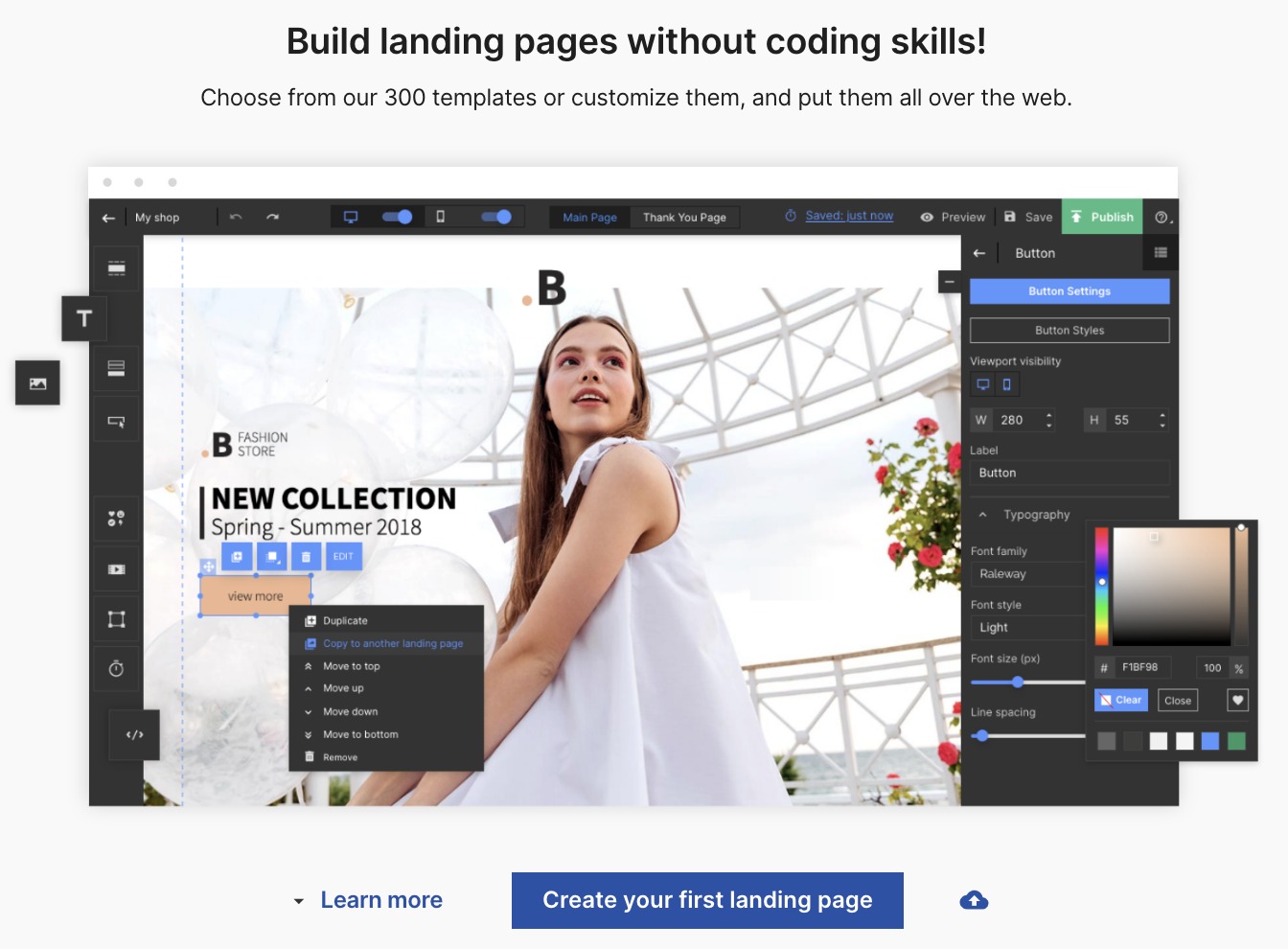 Landing Page Builder's interface for new users. The editor interface is displayed in the center. Below that are two buttons: "create your first landing page" and a cloud-shaped upload button.