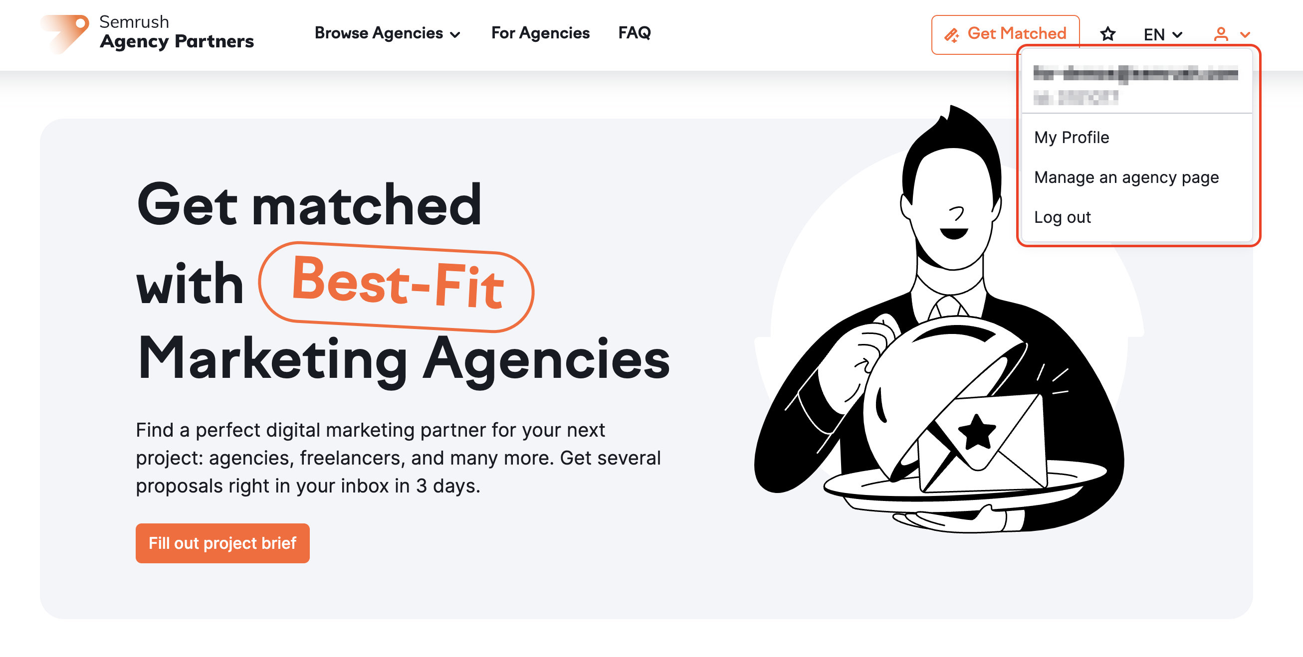 Semrush Agency Partners page with the account menu drop-down at the top-right of the page, which appears after clicking the Person icon.