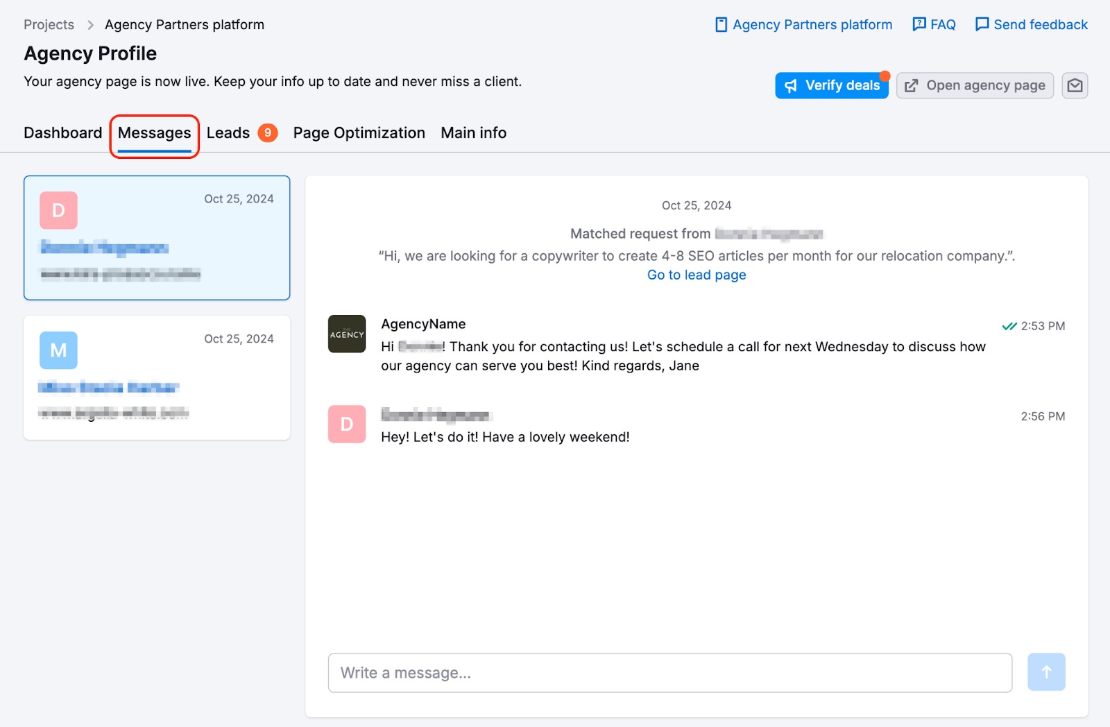 The Messages report with an example conversation with one of the leads.