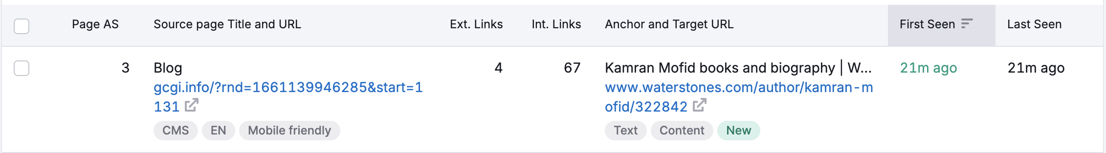 Data for one of the detected backlinks in the Backlinks table.