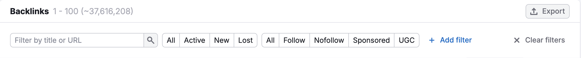 Quick filters above the Backlinks table.