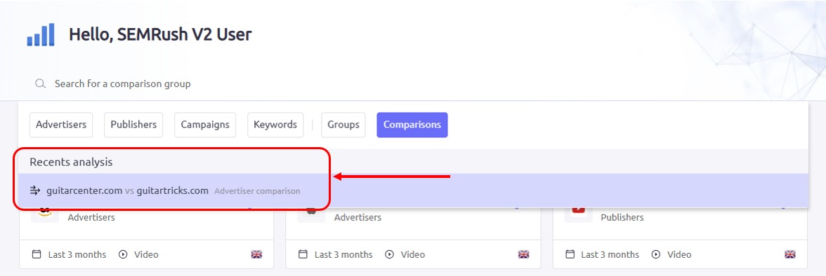 Your recent analyses will appear beneath the search bar in AdClarity — Advertising Intelligence