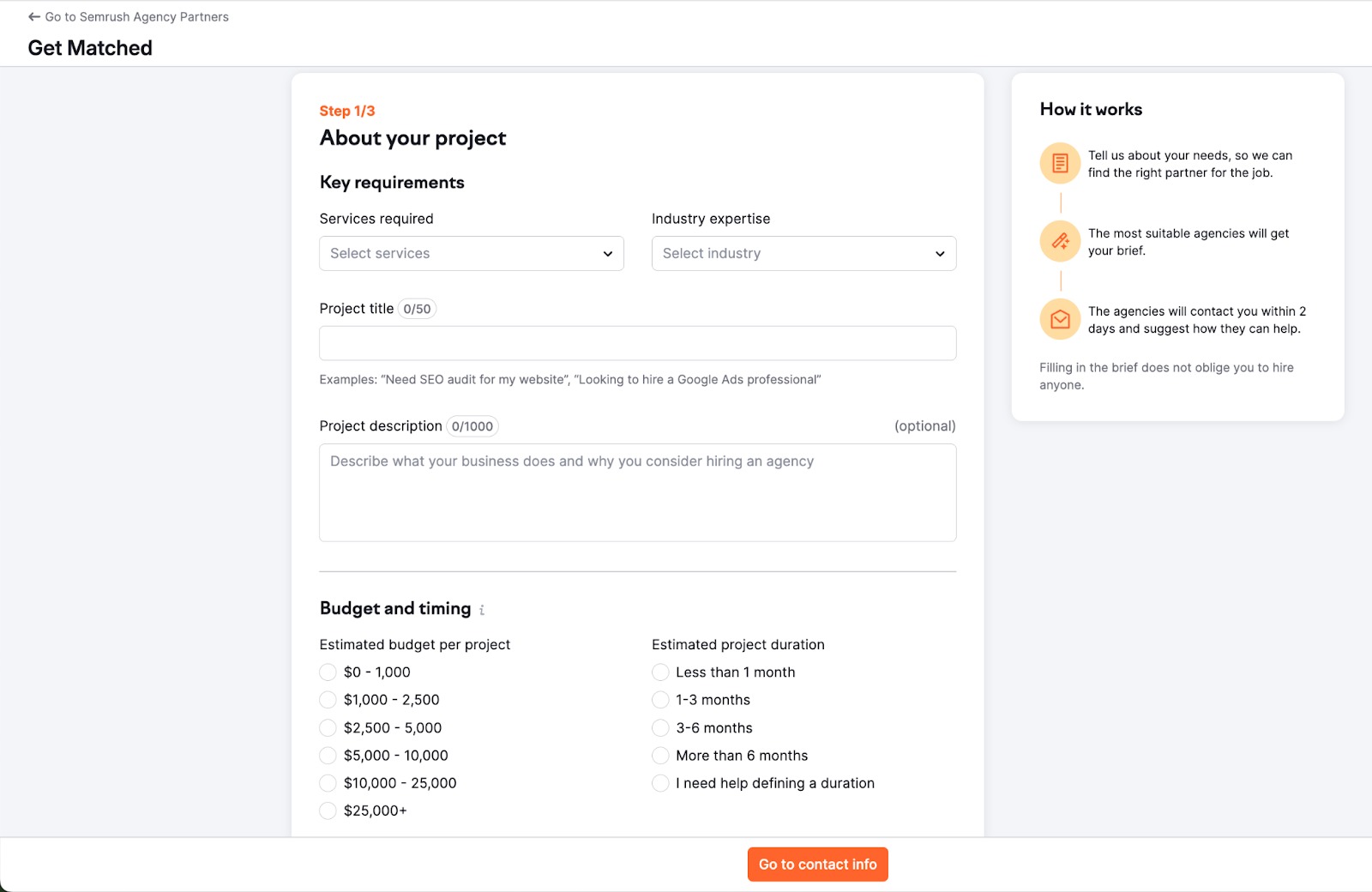 Example of the first step of the Get Matched form, featuring fields for project description, budget, and timing.