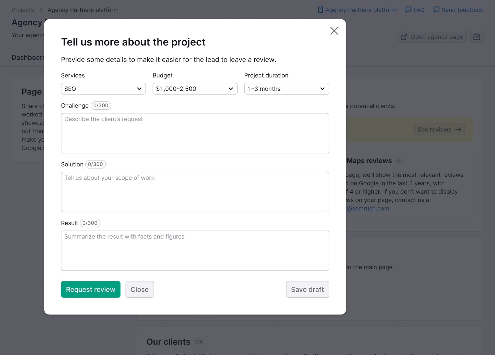 Pop-up window displaying fields for services, project description, budget, and solution.
