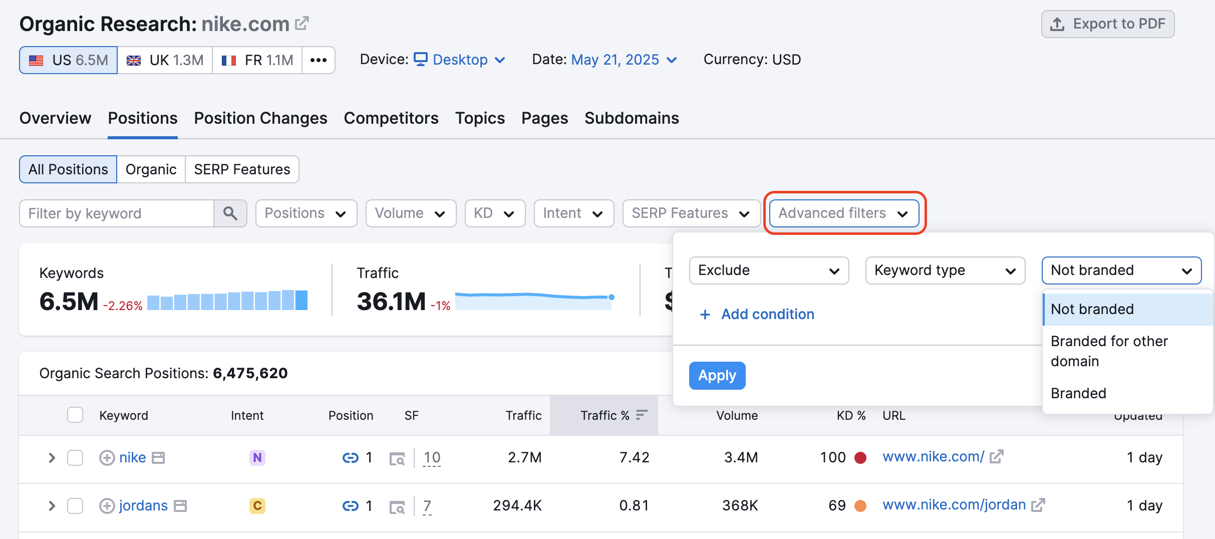 Organic Rankings Positions report. In this example, Advanced filters menu on the right side is activated and highlighted to make is easier to find among other filters. In the Advanced filters menu, the following parameters are selected: Exclude, Keyword type, Branded (option to switch between branded and non-branded is also available).