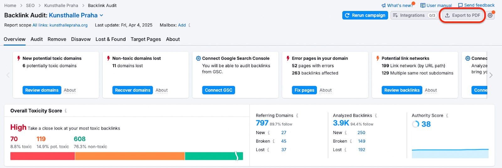 The Export to PDF button is highlighted in the top right corner.