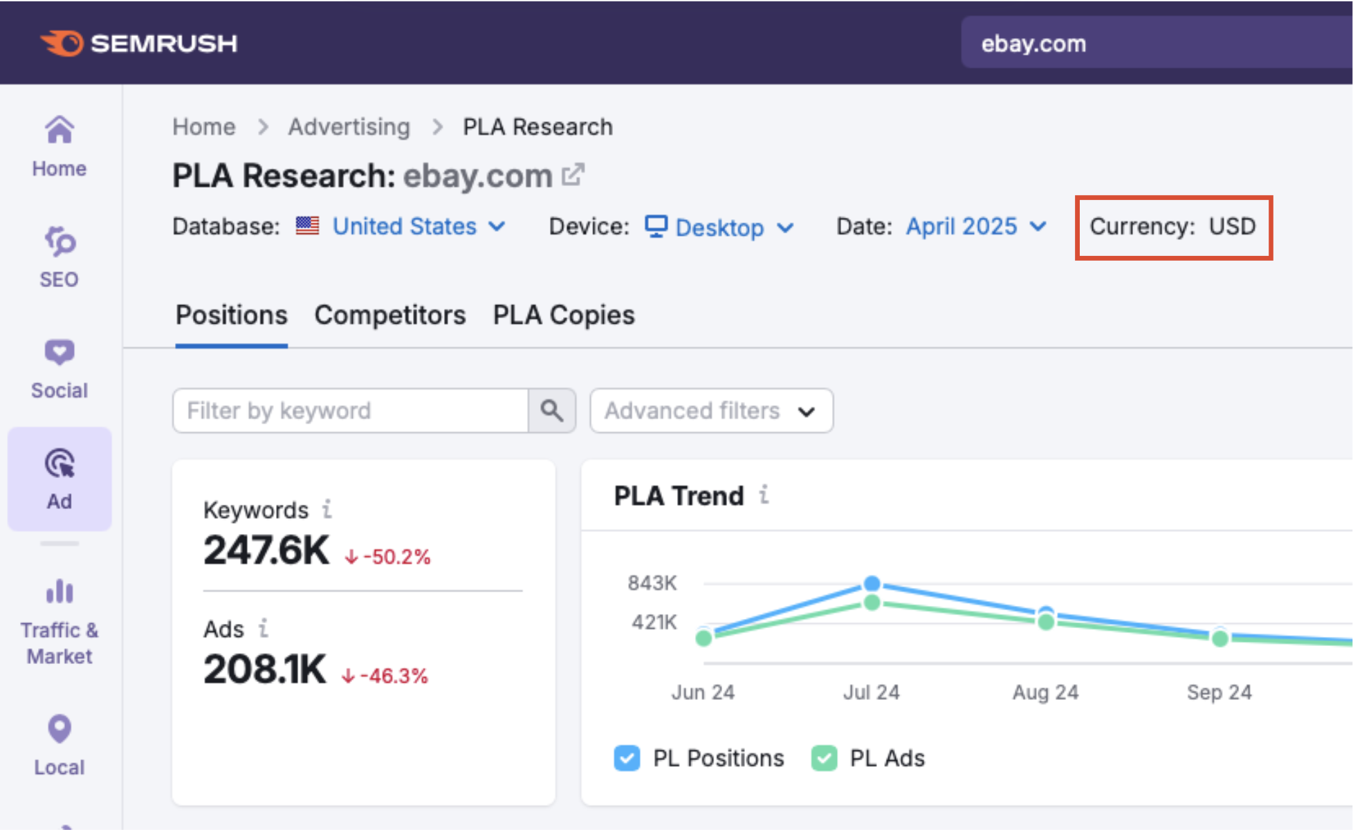 The selected currency in PLA Research.