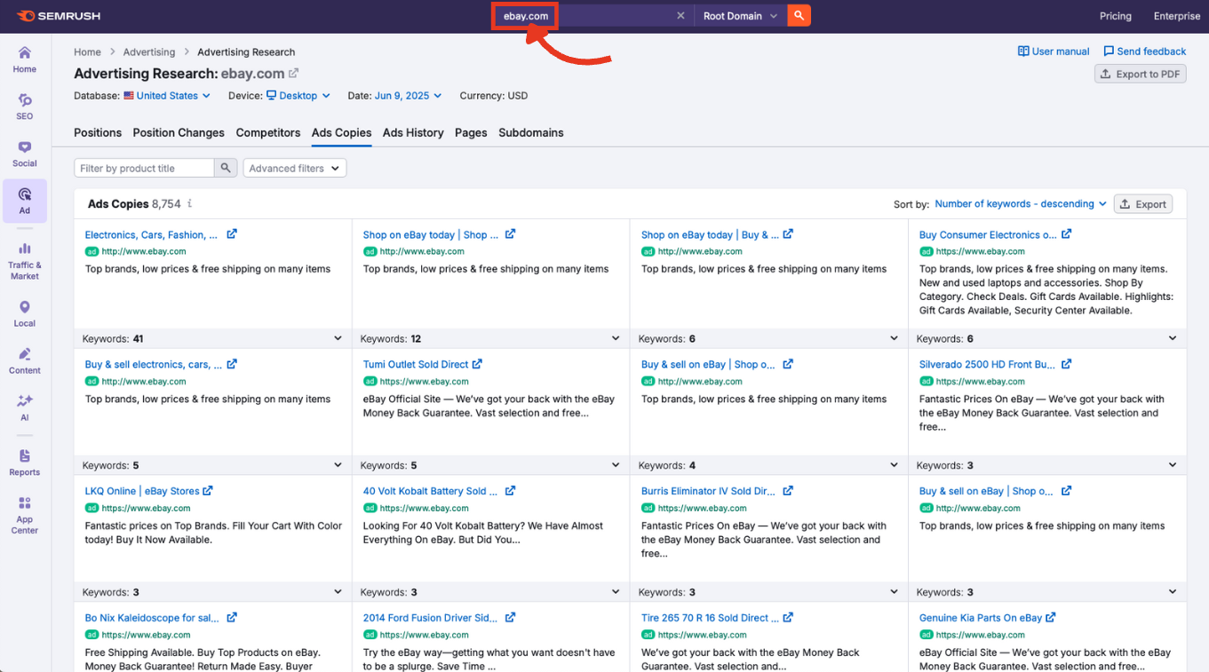 The main search bar in Advertising Research with a competitor domain entered.