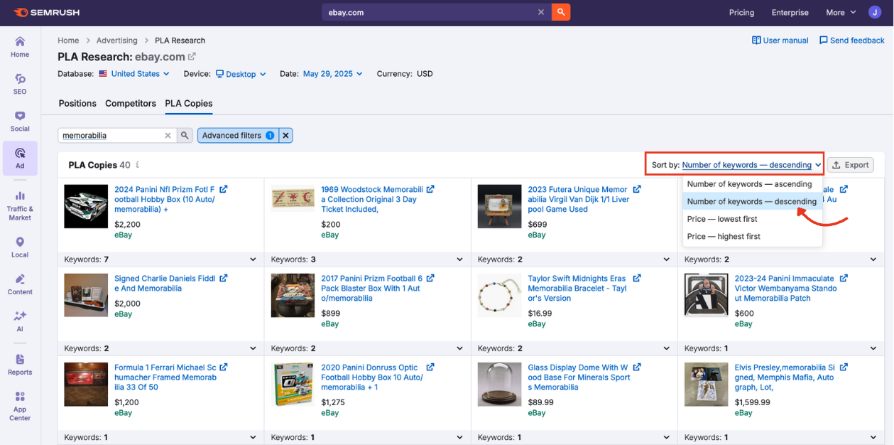 Sort menu open in PLA Copies, with Number of keywords &mdash; descending selected.