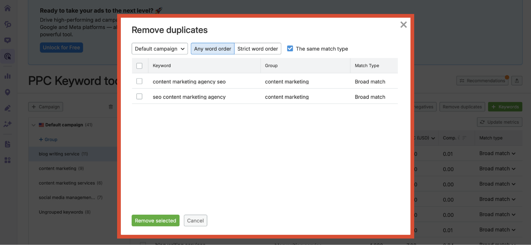 A list of keyword considered to be duplicates.