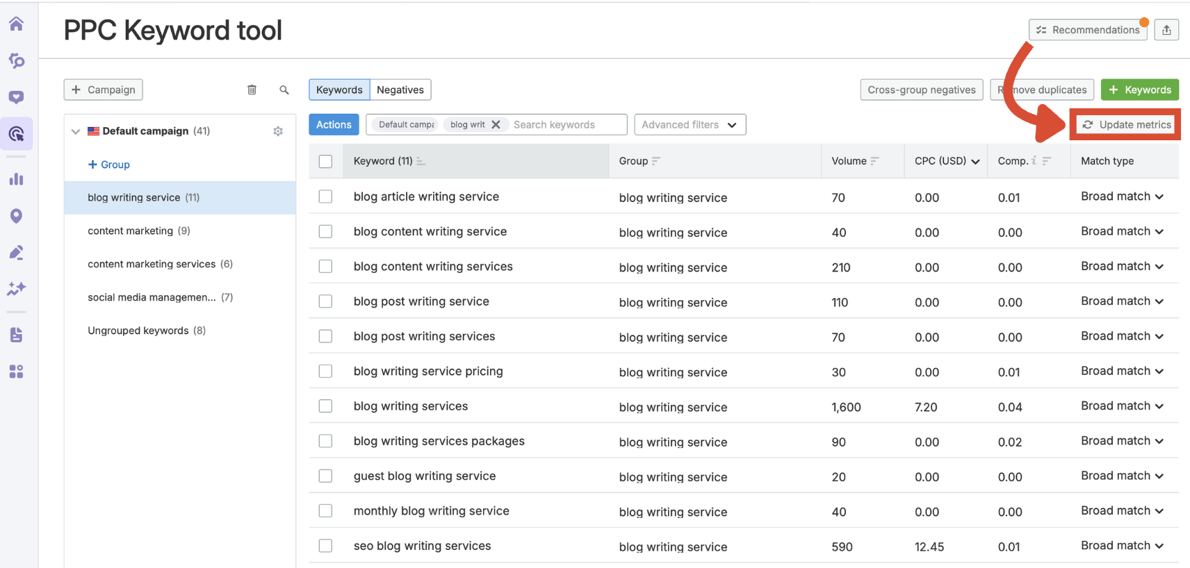 The update metrics button in the PPC Keyword Tool.