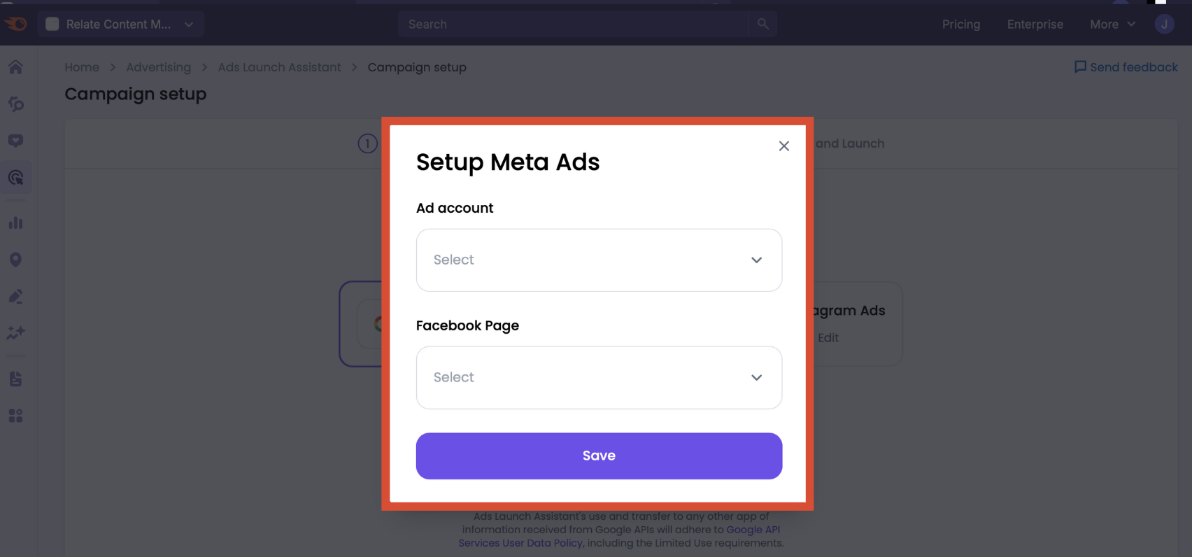 The screen for connecting Meta Ads account and Facebook page.