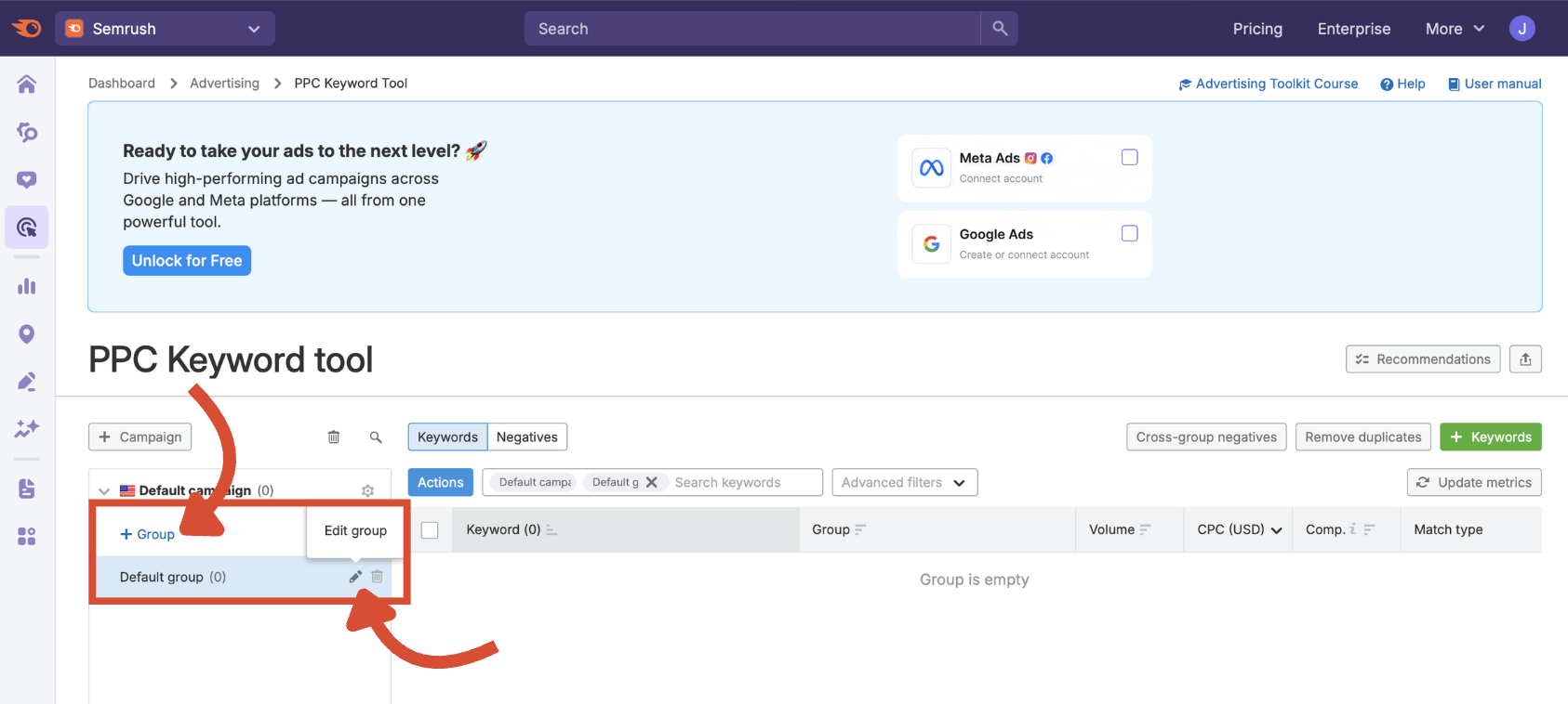 Adding or editing group names in the PPC Keyword Tool.